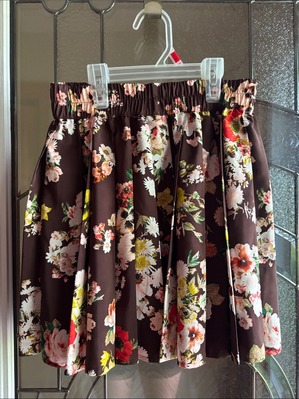 Floral Print Brown Elastic-Waist Skirt